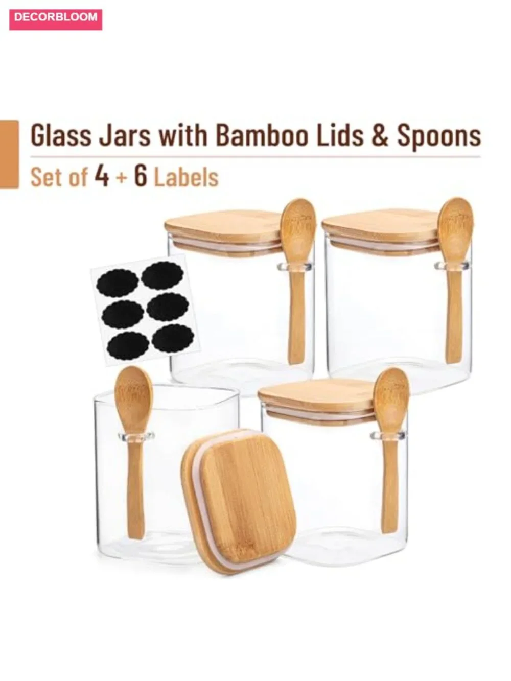 Glass Jars with Bamboo Lids and Spoons Set - 28 Oz, Airtight Food Storage